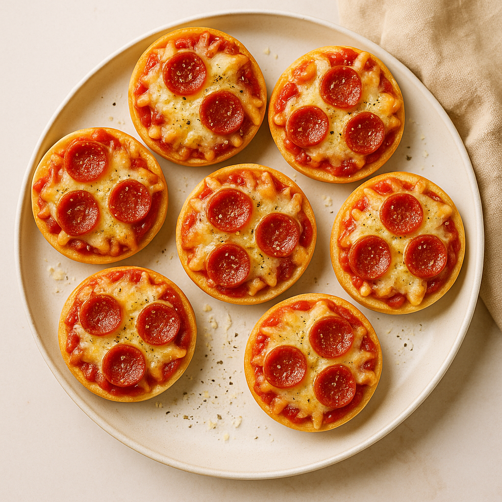 mini pepperoni pizzas on a white plate